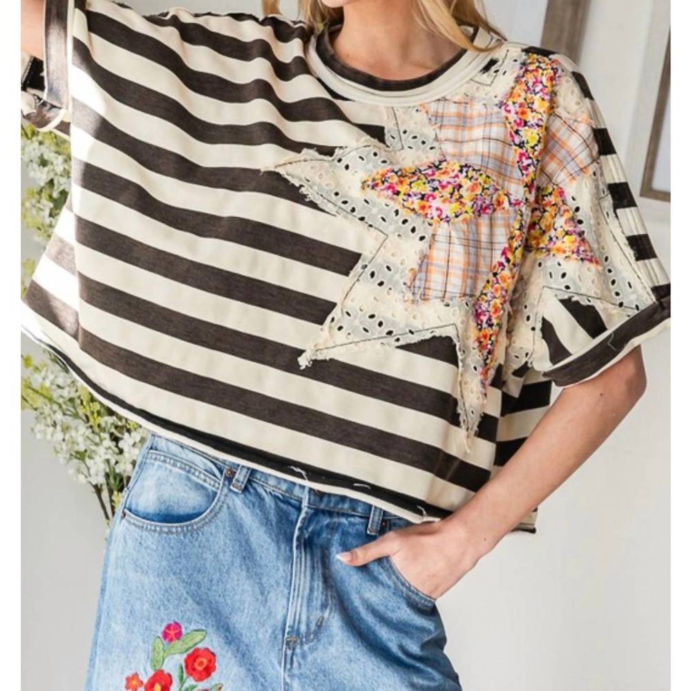 Oli & Hali Striped Tee with Floral Star Patch